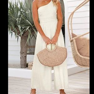 Anrabess Casual White One Shoulder jumpsuit
